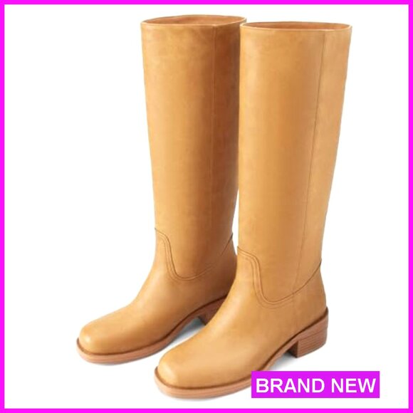 Knee High Boots Square Toe Chunky Heel Pull On Wide Calf Riding Boots - Picture 4 of 7